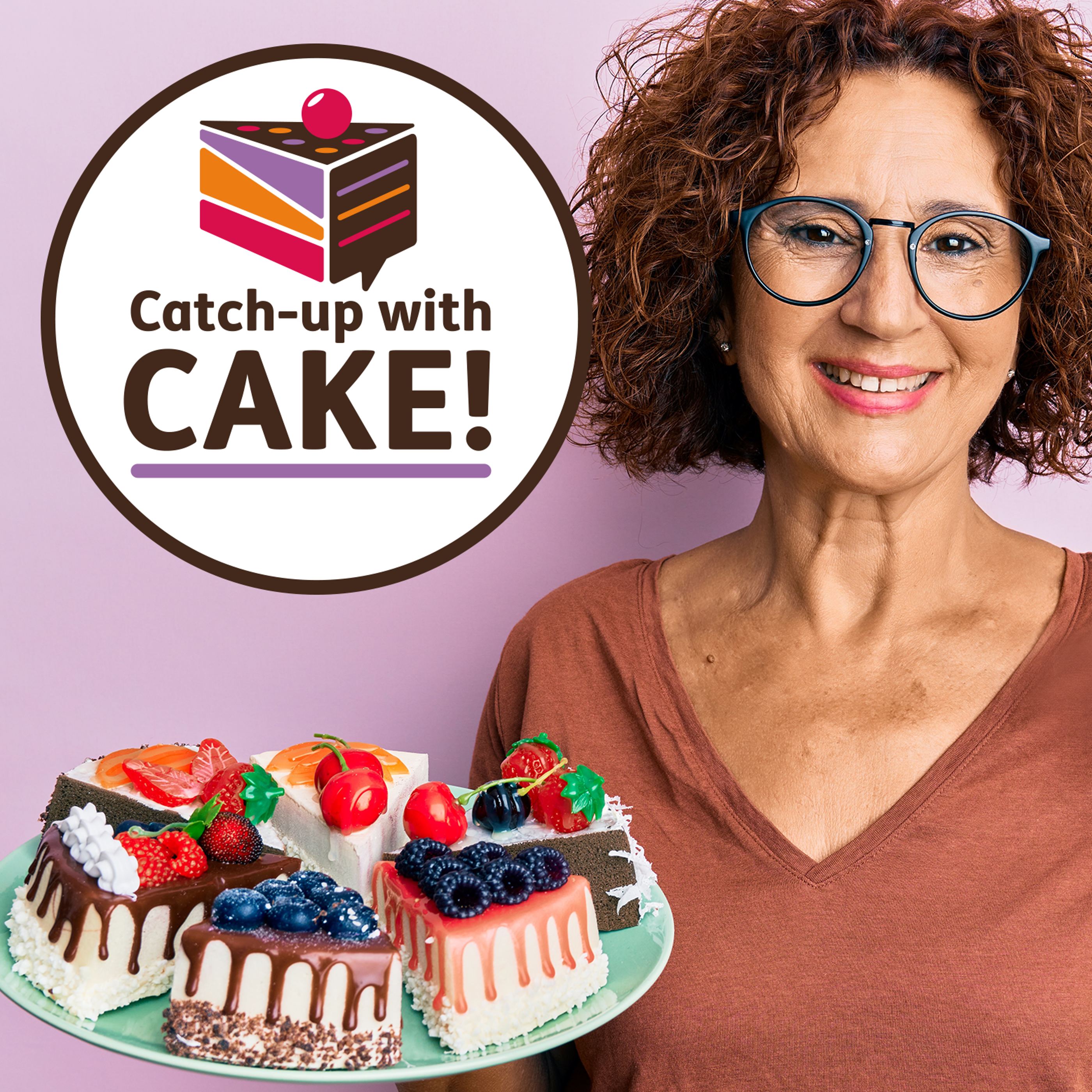 Catch up with Cake! woman holding a blue plate of assorted cake slices with a pink backdrop
