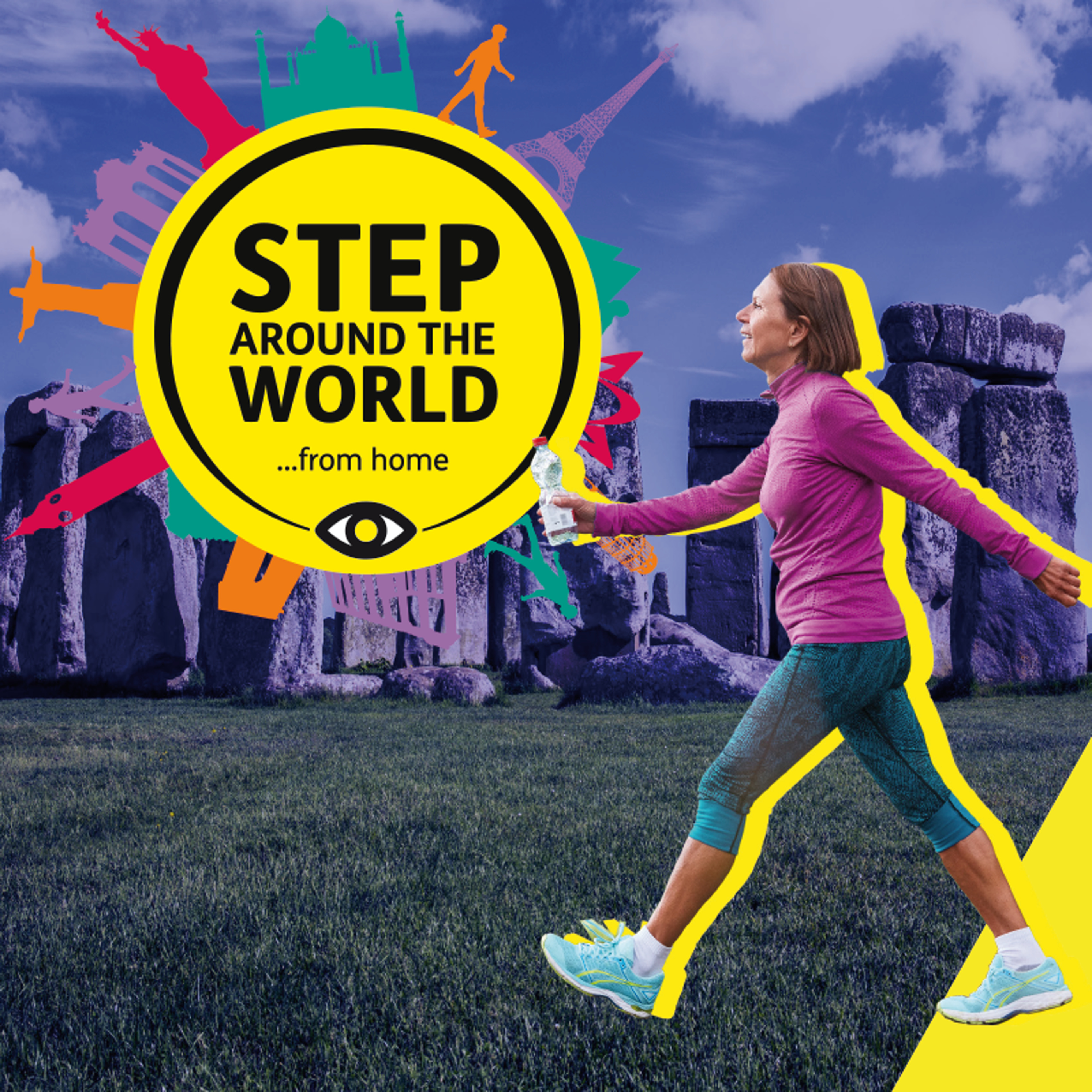Step Around the World logo. A woman walks past Stonehenge