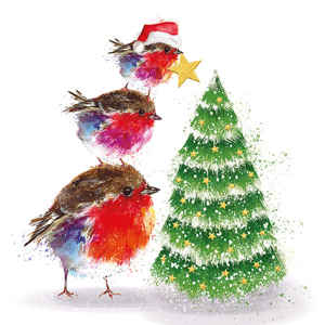 Christmas robins putting a star on the tree