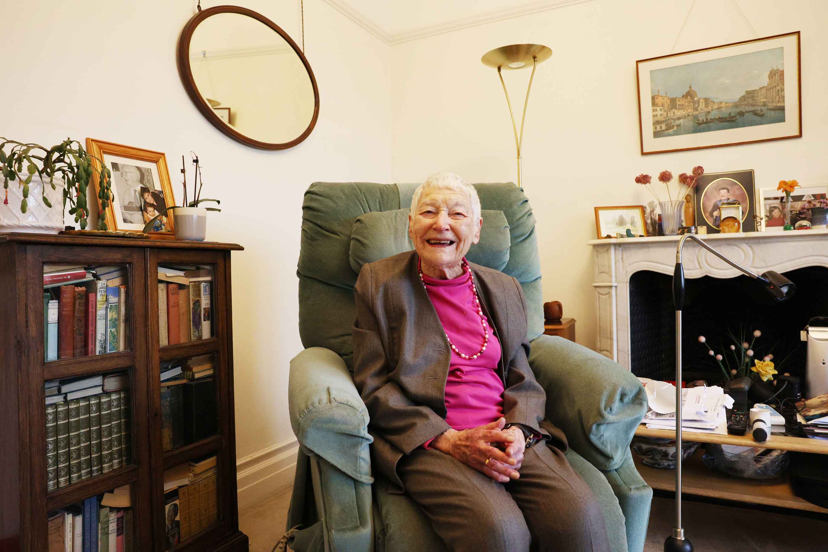 Barbara Hogg smiling in armchair 
